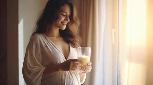 Happy pregnant woman drinking milk at the window in the bedroom.