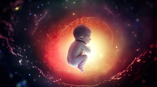 Child in womb, unborn little baby in utero of mother, development of human fetus during pregnancy.